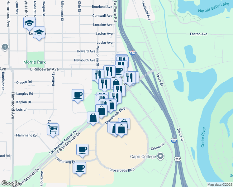 map of restaurants, bars, coffee shops, grocery stores, and more near 1600 East San Marnan Drive in Waterloo