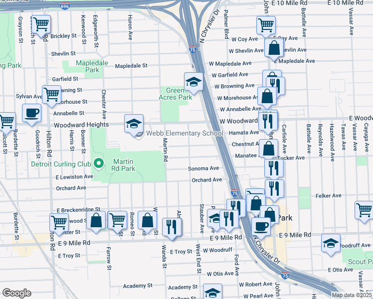 map of restaurants, bars, coffee shops, grocery stores, and more near 2231 Manatee in Ferndale