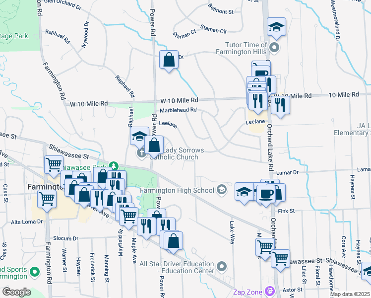 map of restaurants, bars, coffee shops, grocery stores, and more near 32157 Leelane in Farmington