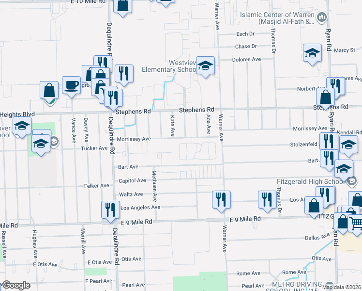 map of restaurants, bars, coffee shops, grocery stores, and more near 23500-23698 Tony Street in Warren
