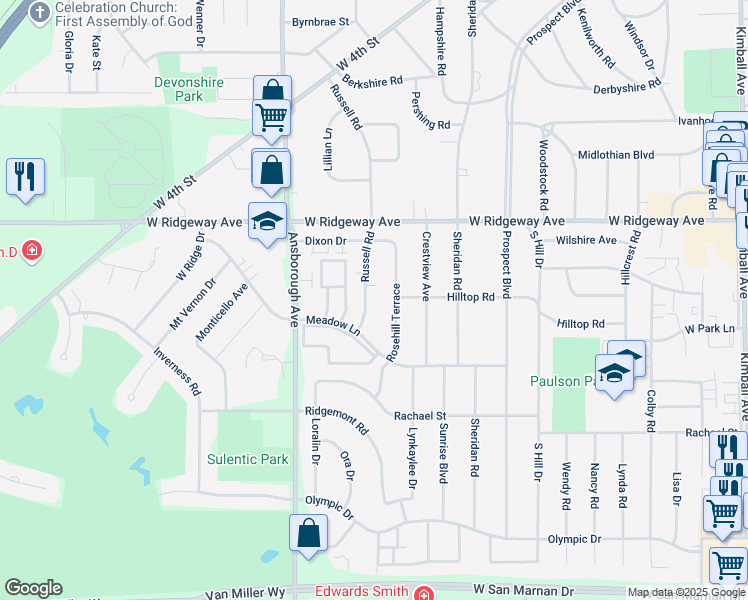 map of restaurants, bars, coffee shops, grocery stores, and more near 791 Russell Road in Waterloo