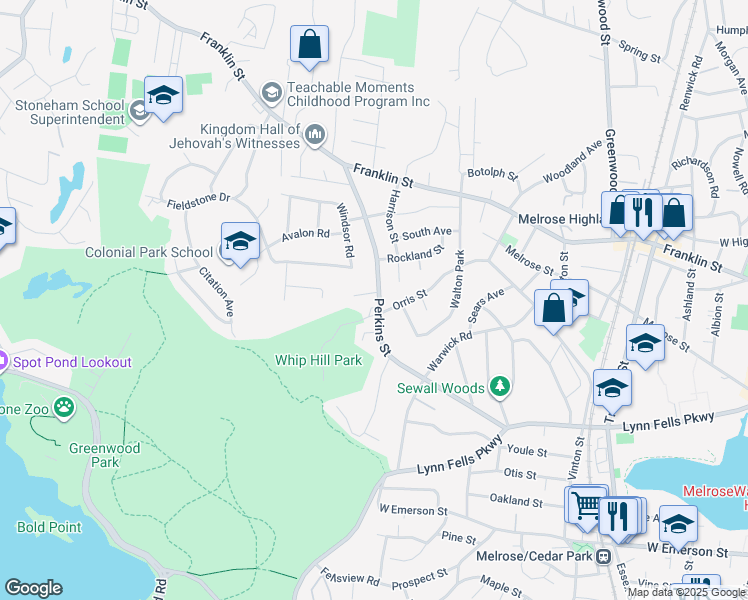 map of restaurants, bars, coffee shops, grocery stores, and more near 63 Perkins Street in Stoneham