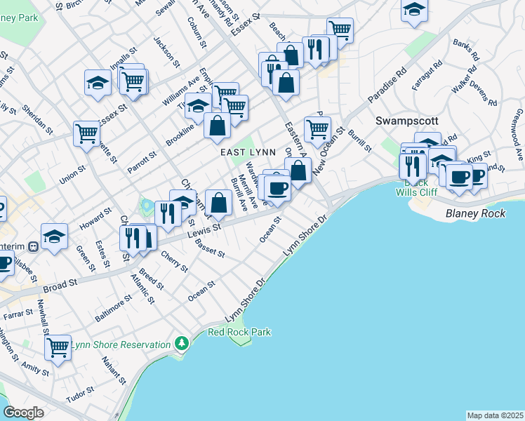 map of restaurants, bars, coffee shops, grocery stores, and more near 91 Ocean Street in Lynn