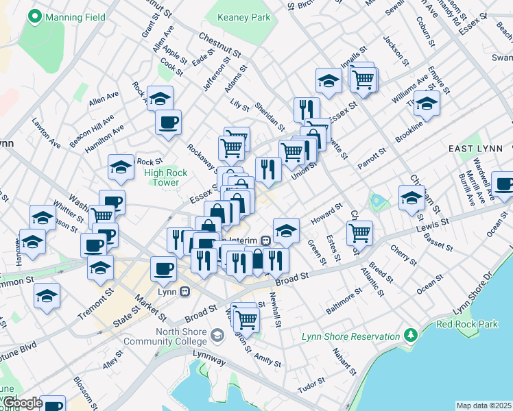 map of restaurants, bars, coffee shops, grocery stores, and more near 19 Smith Street in Lynn