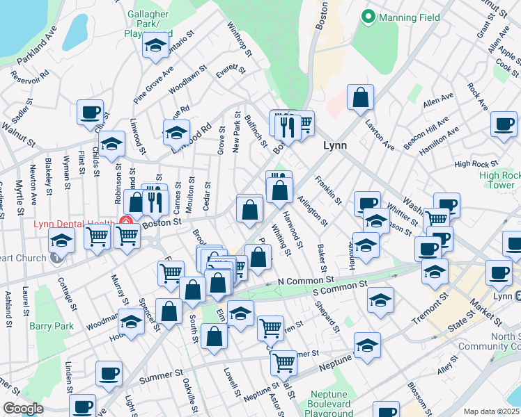 map of restaurants, bars, coffee shops, grocery stores, and more near 81 Park Street in Lynn