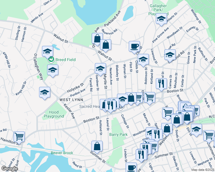 map of restaurants, bars, coffee shops, grocery stores, and more near 3 Woodbine Street in Lynn