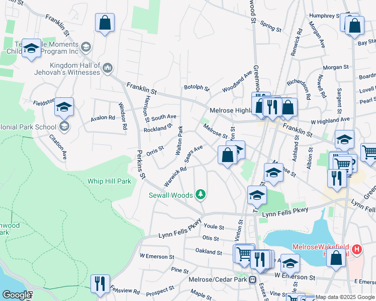 map of restaurants, bars, coffee shops, grocery stores, and more near 60 Walton Park in Melrose