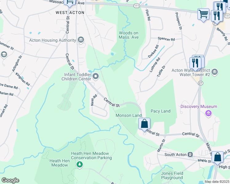 map of restaurants, bars, coffee shops, grocery stores, and more near 107R Central Street in Acton