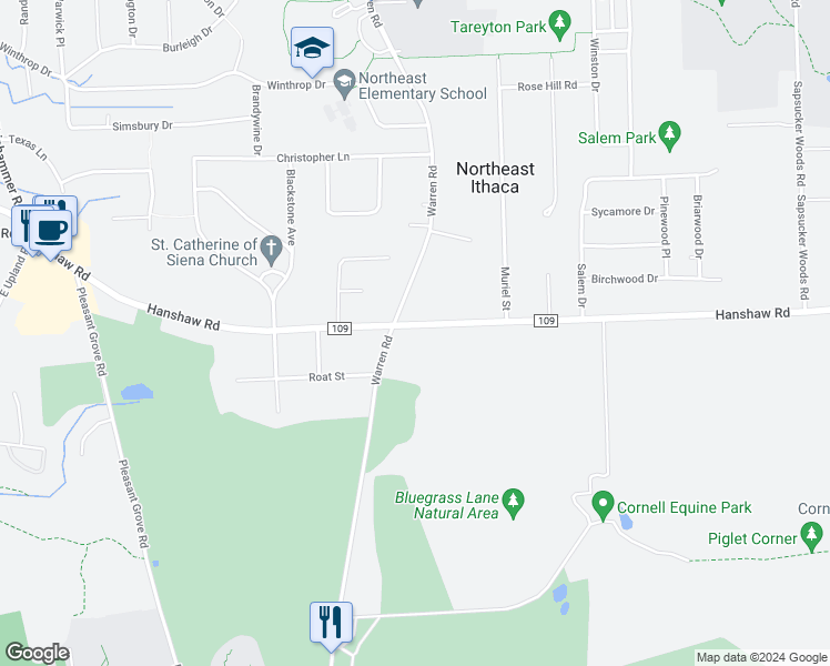 map of restaurants, bars, coffee shops, grocery stores, and more near 359 Warren Road in Ithaca