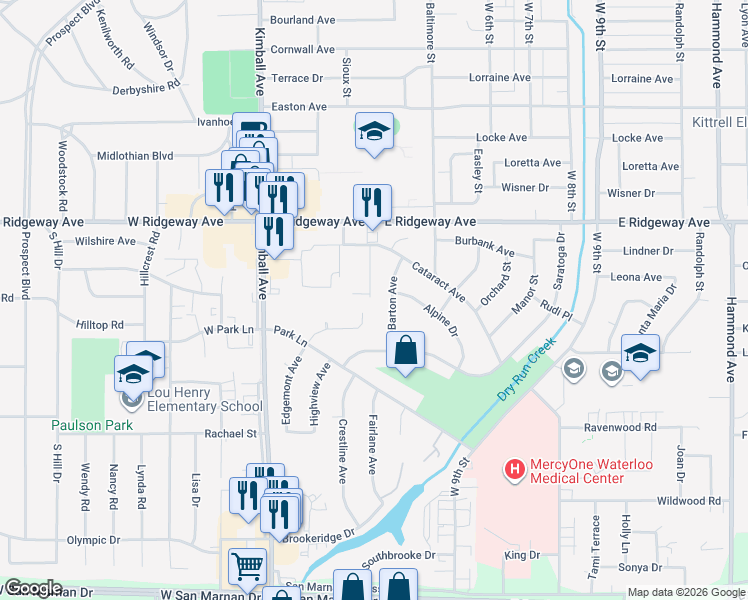 map of restaurants, bars, coffee shops, grocery stores, and more near 2716 Barton Avenue in Waterloo