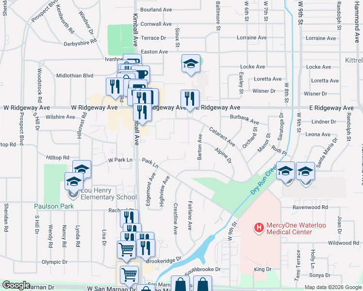 map of restaurants, bars, coffee shops, grocery stores, and more near 2534 Edgemont Ave in Waterloo