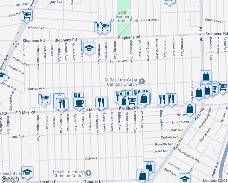 map of restaurants, bars, coffee shops, grocery stores, and more near 22793 Brittany Avenue in Eastpointe