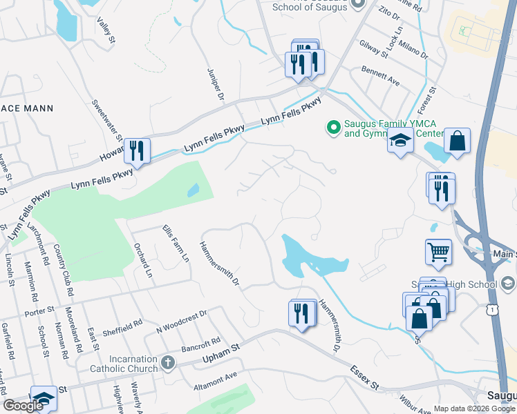 map of restaurants, bars, coffee shops, grocery stores, and more near 6 Blacksmith Way in Saugus