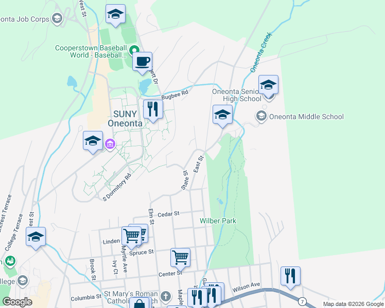 map of restaurants, bars, coffee shops, grocery stores, and more near 12 Hazel Street in Oneonta