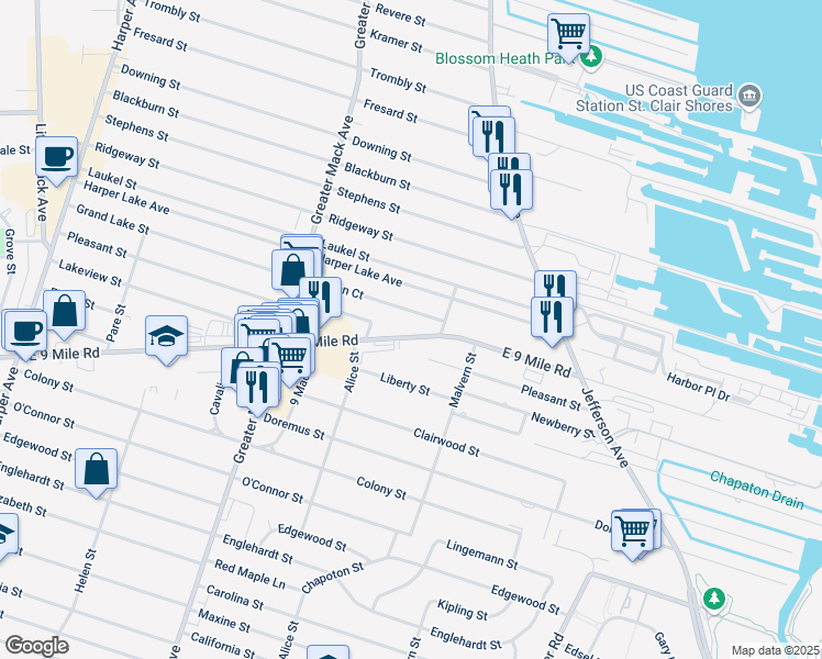 map of restaurants, bars, coffee shops, grocery stores, and more near 22600 East 9 Mile Road in St. Clair Shores