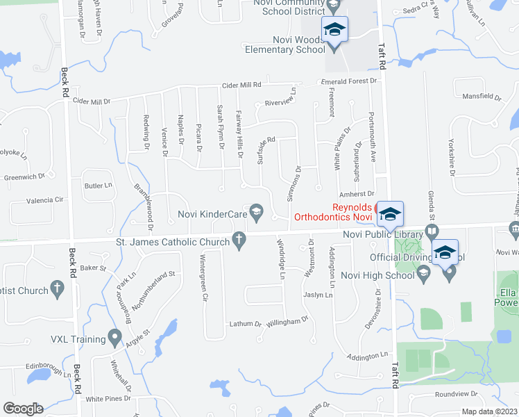 map of restaurants, bars, coffee shops, grocery stores, and more near 24375 Homestead Court in Novi