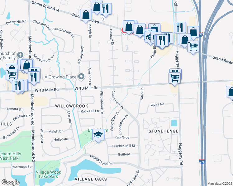 map of restaurants, bars, coffee shops, grocery stores, and more near 24140 Cranbrooke Drive in Novi