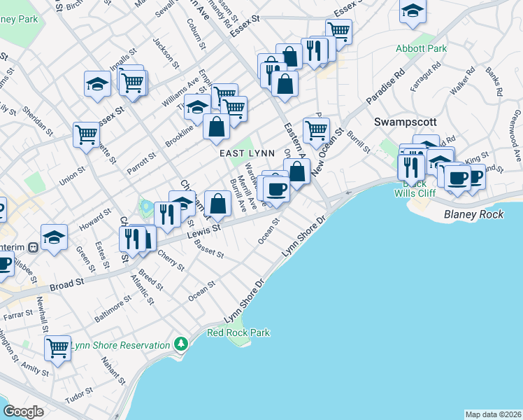 map of restaurants, bars, coffee shops, grocery stores, and more near 21 Lewis Street in Lynn