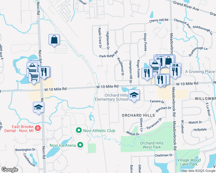 map of restaurants, bars, coffee shops, grocery stores, and more near 40000 Grand River Avenue in Novi