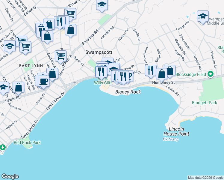 map of restaurants, bars, coffee shops, grocery stores, and more near 209 Humphrey Street in Swampscott
