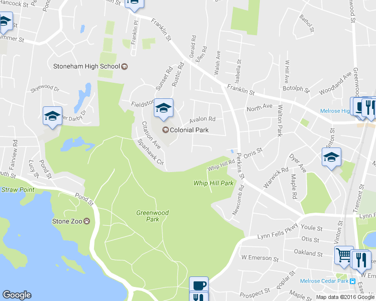 map of restaurants, bars, coffee shops, grocery stores, and more near 9 Woodbriar Road in Stoneham