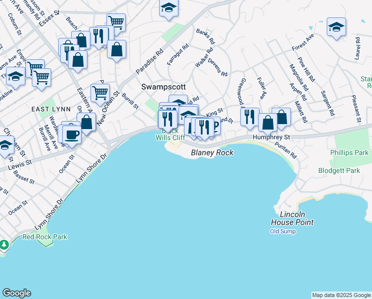 map of restaurants, bars, coffee shops, grocery stores, and more near 205 Humphrey Street in Swampscott