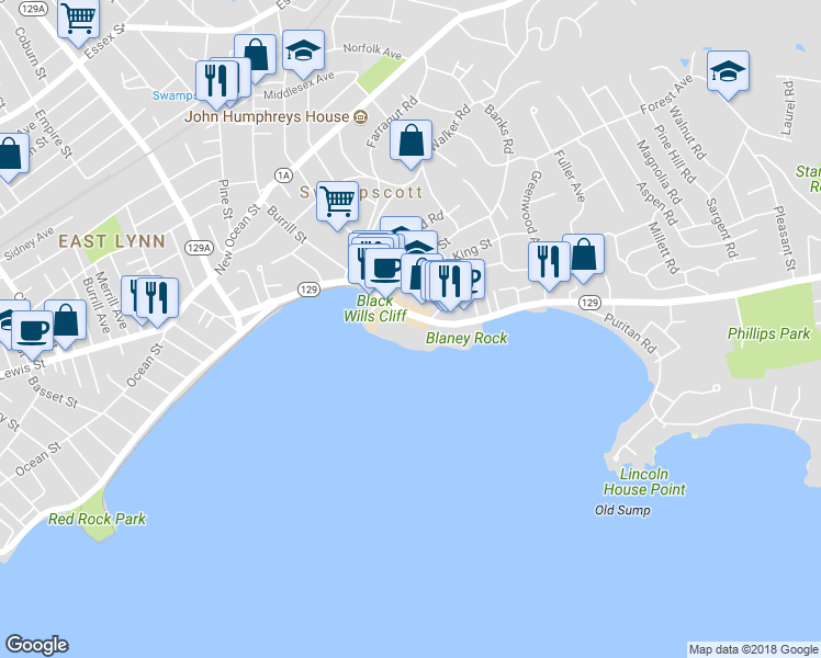 map of restaurants, bars, coffee shops, grocery stores, and more near 205 Humphrey Street in Swampscott