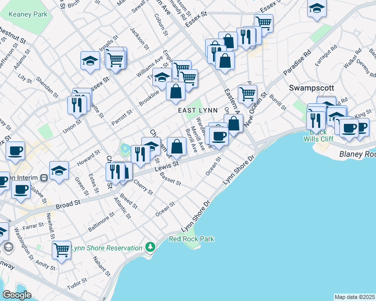 map of restaurants, bars, coffee shops, grocery stores, and more near 50 Massachusetts 129 in Lynn