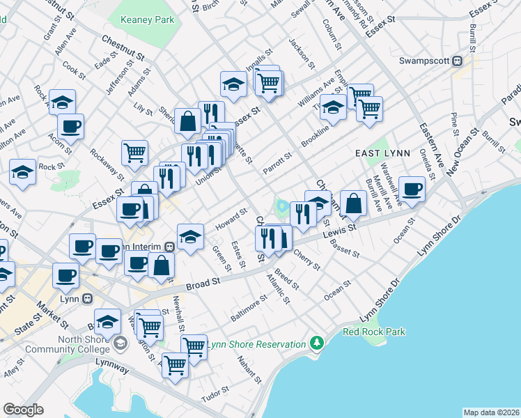 map of restaurants, bars, coffee shops, grocery stores, and more near 64 Chestnut Street in Lynn