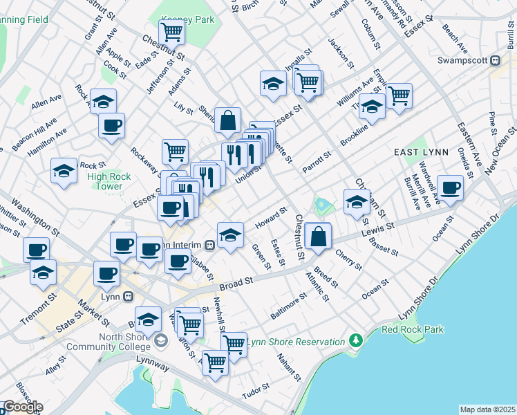 map of restaurants, bars, coffee shops, grocery stores, and more near 43 Pinkham Street in Lynn