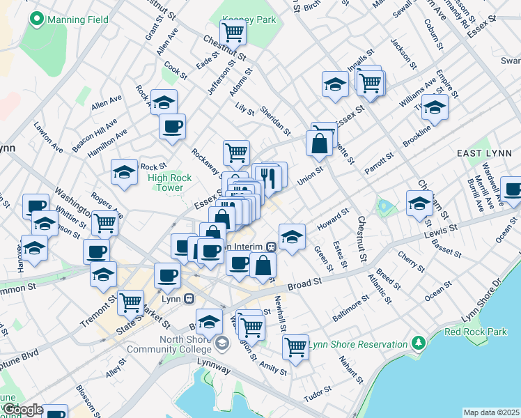 map of restaurants, bars, coffee shops, grocery stores, and more near 19 Smith Street in Lynn