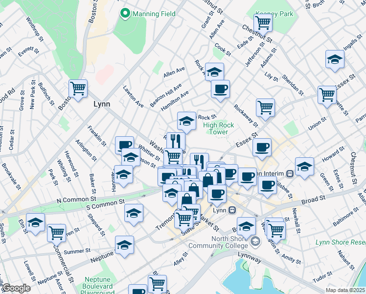 map of restaurants, bars, coffee shops, grocery stores, and more near in Lynn