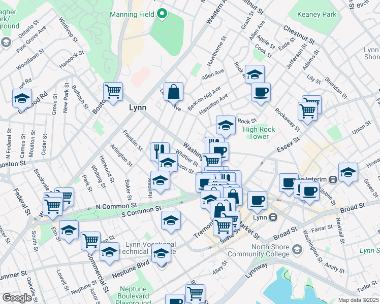 map of restaurants, bars, coffee shops, grocery stores, and more near 34 Whittier Street in Lynn