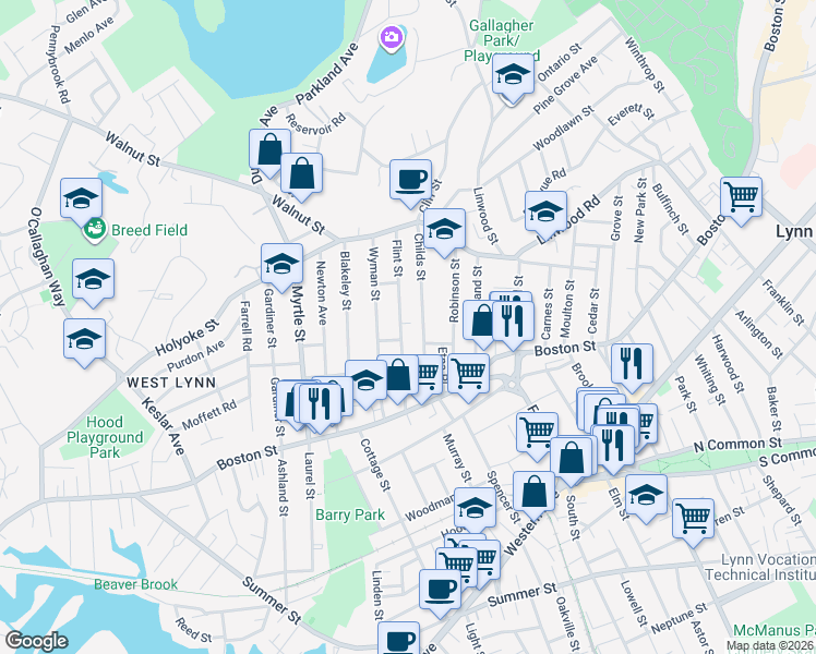 map of restaurants, bars, coffee shops, grocery stores, and more near 58 Flint Street in Lynn