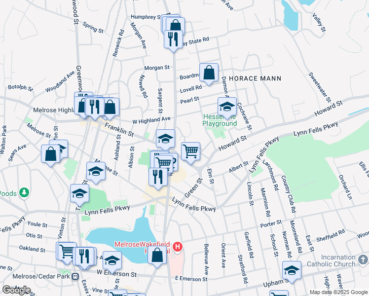 map of restaurants, bars, coffee shops, grocery stores, and more near 204 Green Street in Melrose