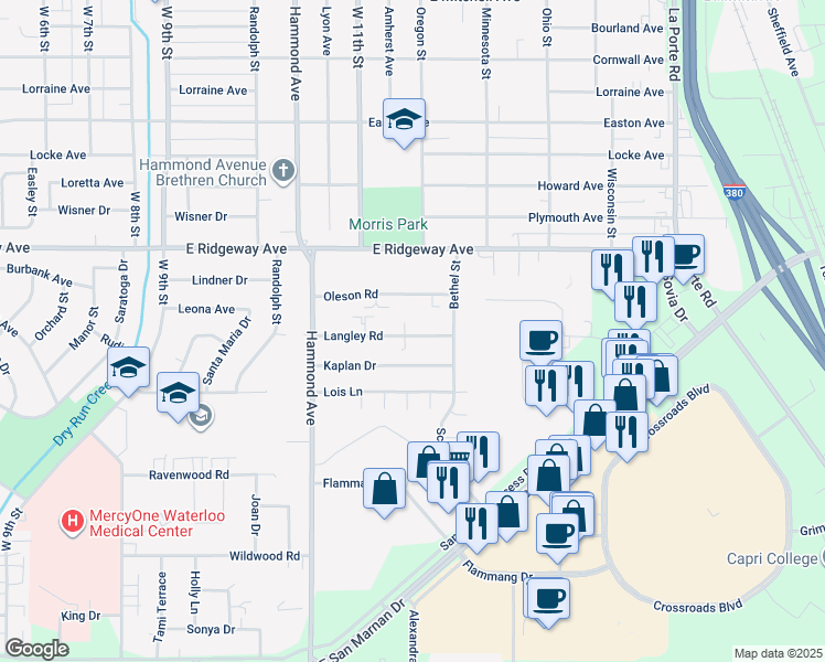 map of restaurants, bars, coffee shops, grocery stores, and more near 1212 Langley Road in Waterloo