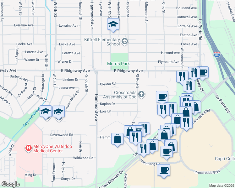 map of restaurants, bars, coffee shops, grocery stores, and more near 1126 Langley Road in Waterloo