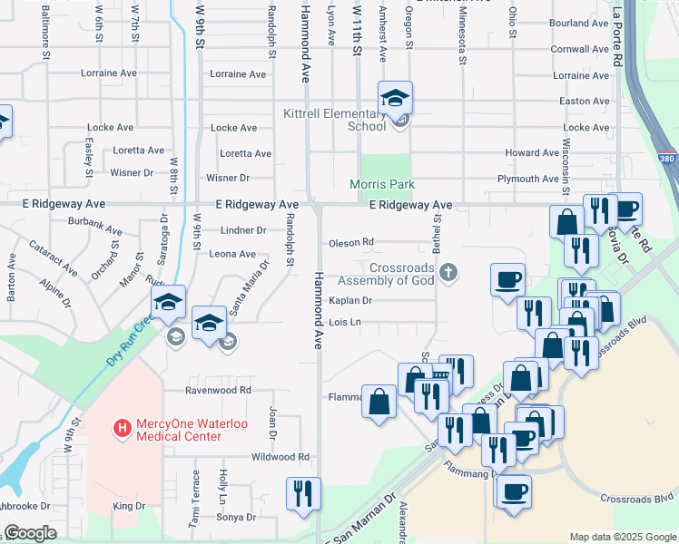 map of restaurants, bars, coffee shops, grocery stores, and more near 1034 Langley Road in Waterloo