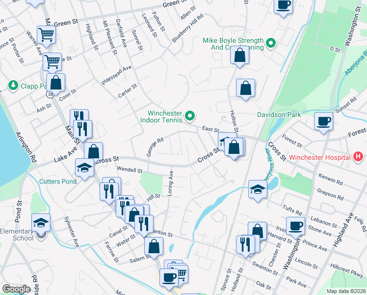 map of restaurants, bars, coffee shops, grocery stores, and more near 79 Verplast Avenue in Winchester