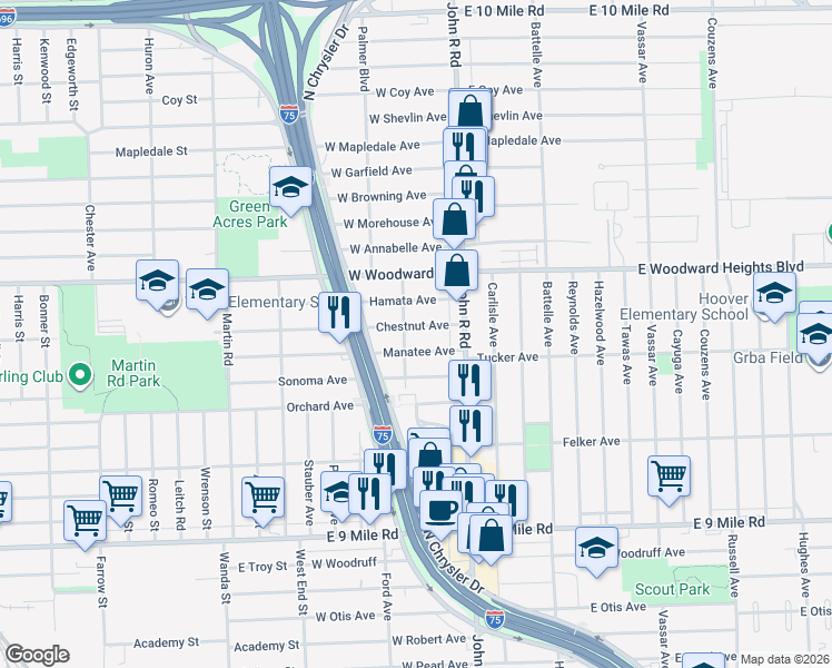 map of restaurants, bars, coffee shops, grocery stores, and more near 102 Manatee in Hazel Park