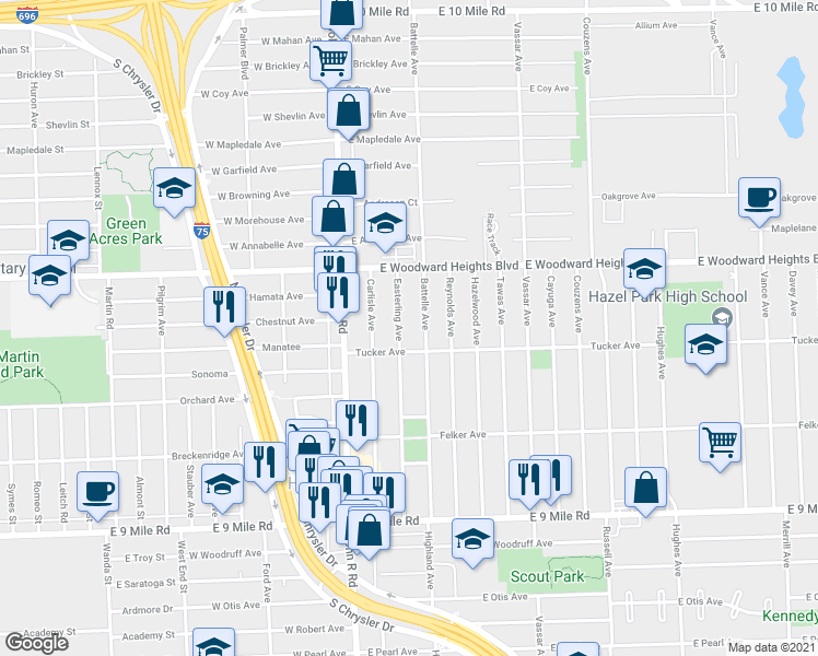 map of restaurants, bars, coffee shops, grocery stores, and more near 23740 Easterling Avenue in Hazel Park