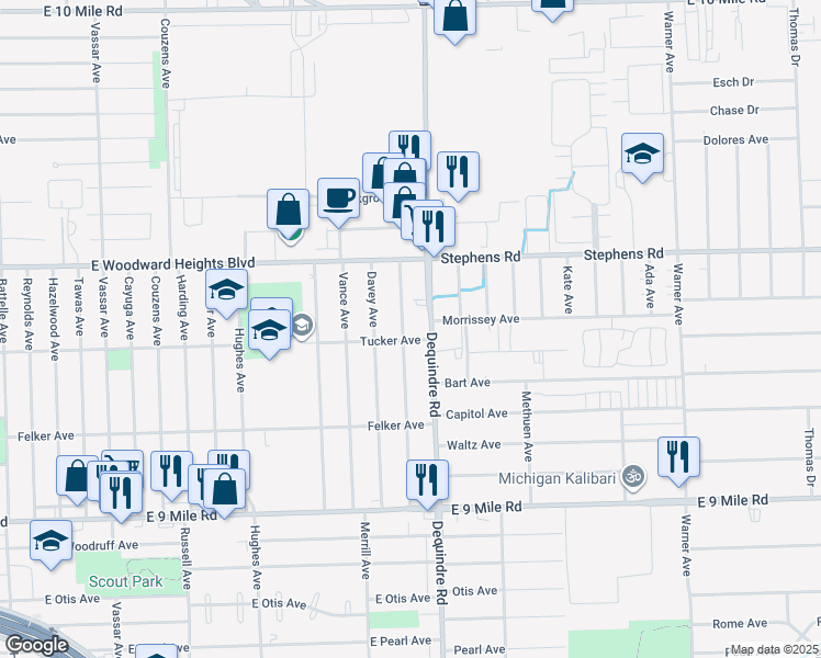 map of restaurants, bars, coffee shops, grocery stores, and more near 23456 Melville Avenue in Hazel Park