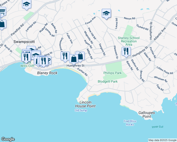 map of restaurants, bars, coffee shops, grocery stores, and more near 17 Orient Court in Swampscott