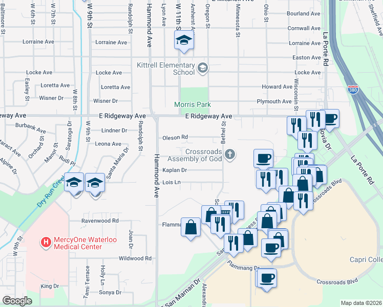 map of restaurants, bars, coffee shops, grocery stores, and more near 1126 Langley Road in Waterloo