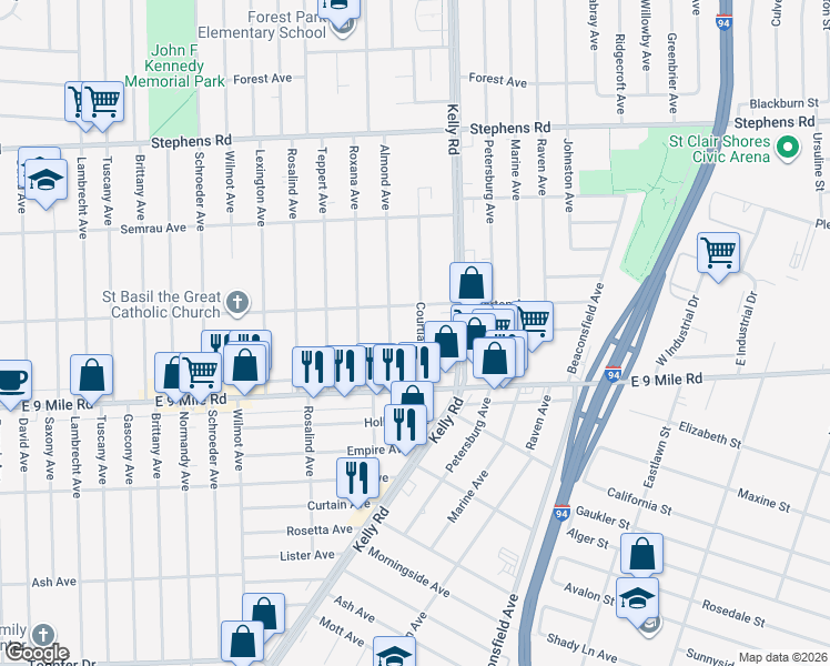 map of restaurants, bars, coffee shops, grocery stores, and more near 22770 Almond Avenue in Eastpointe