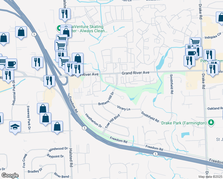map of restaurants, bars, coffee shops, grocery stores, and more near 36675 Brittany Hill Drive in Farmington