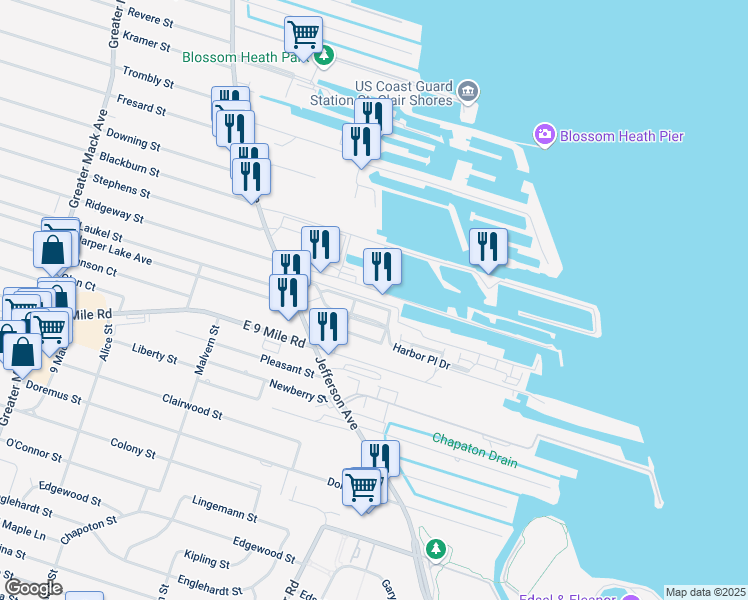 map of restaurants, bars, coffee shops, grocery stores, and more near 332 Riviera Drive in St. Clair Shores