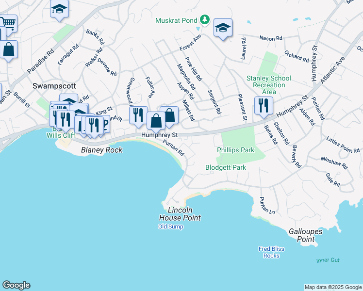 map of restaurants, bars, coffee shops, grocery stores, and more near 69 Puritan Road in Swampscott