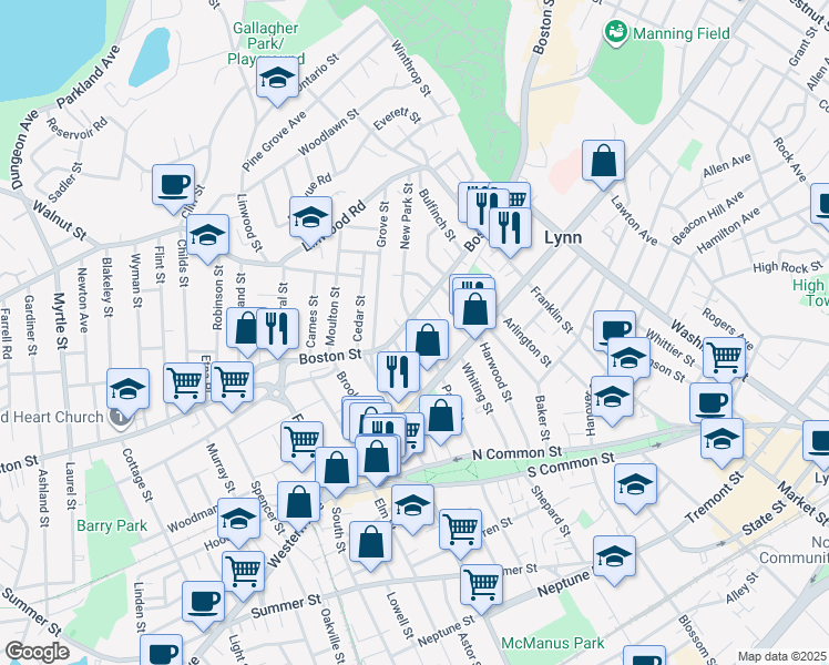 map of restaurants, bars, coffee shops, grocery stores, and more near 81 Park Street in Lynn