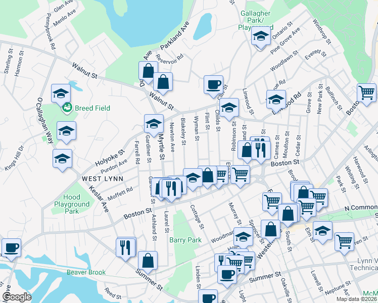 map of restaurants, bars, coffee shops, grocery stores, and more near 23 Blakeley Street in Lynn